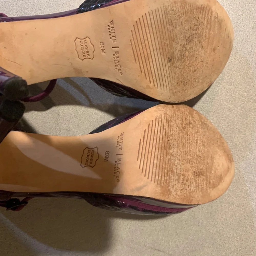 White House Black Market Purple/Black Snakeprint/Suede/Patent Platform Sandals M